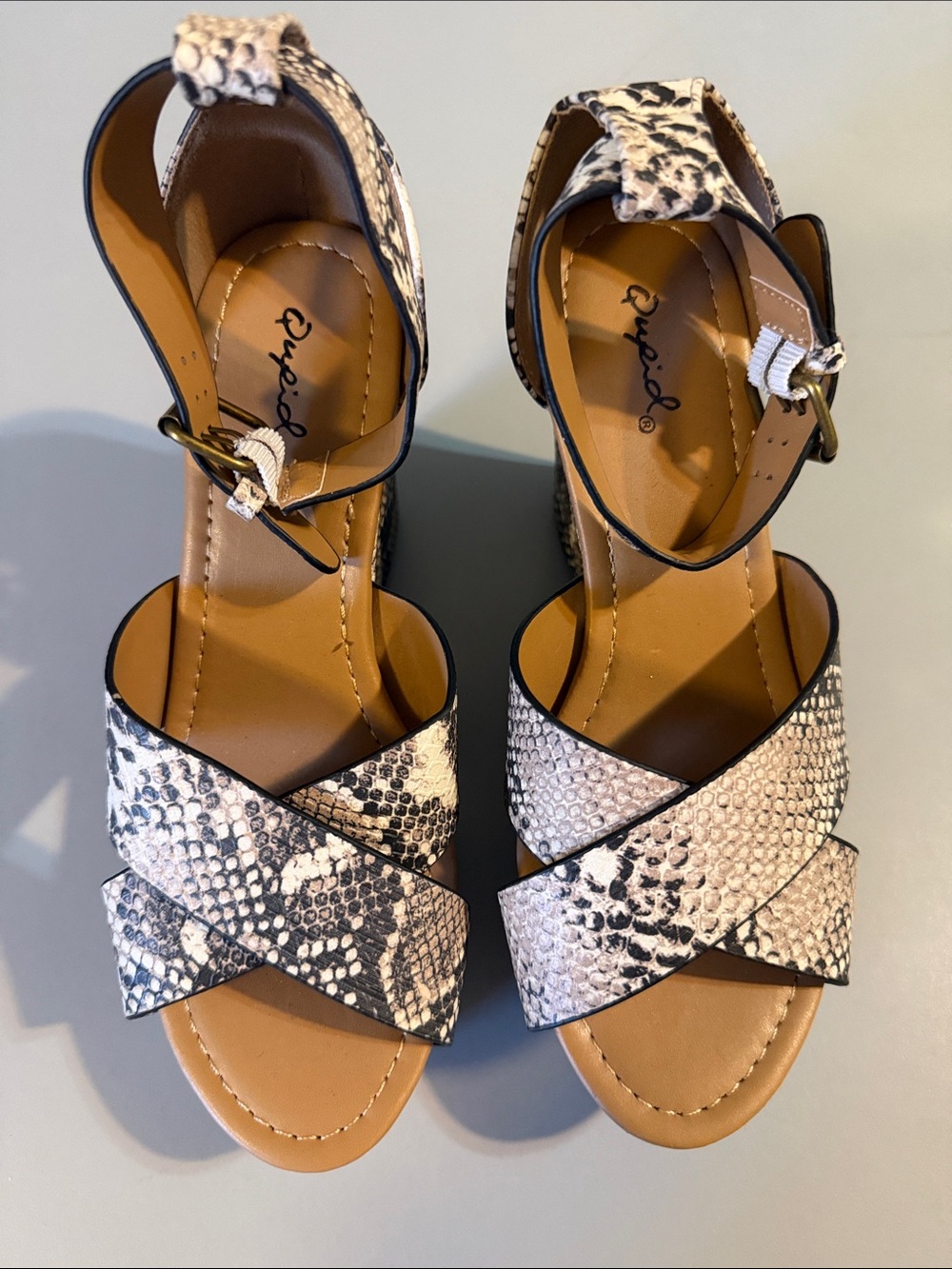 Qupid Snake-Print Crisscross Ankle Strap Sandals in Brown and White